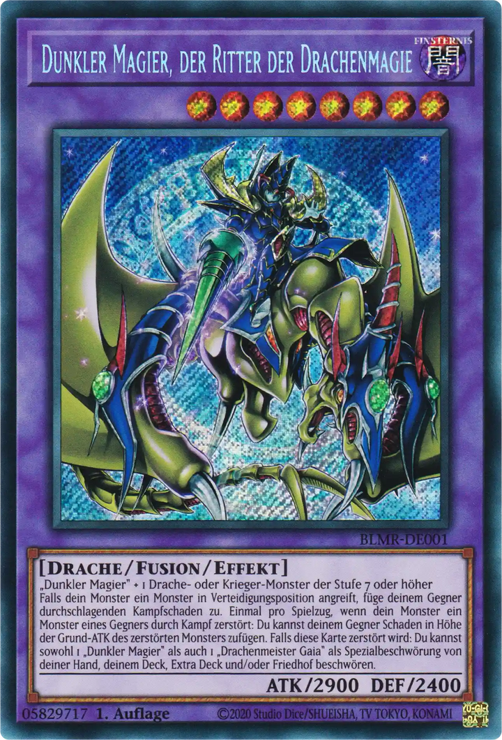Dunkler Magier, der Ritter der Drachenmagie Yu-Gi-Oh! Karte BLMR-DE001 Secret Rare