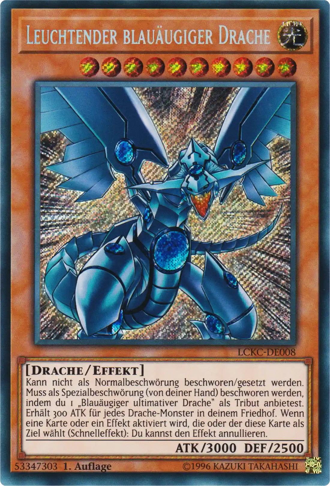 Leuchtender blauäugiger Drache Yu-Gi-Oh! Karte LCKC-DE008 Secret Rare