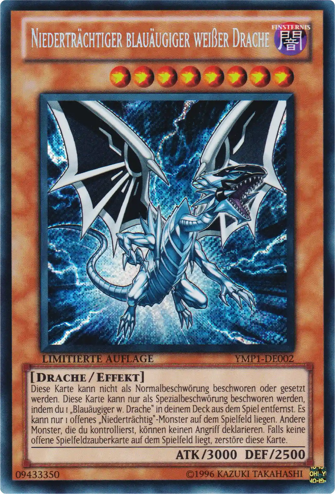 Niederträchtiger blauäugiger weißer Drache Yu-Gi-Oh! Karte YMP1-DE002 Secret Rare