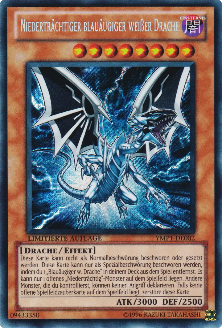 Niederträchtiger blauäugiger weißer Drache Yu-Gi-Oh! Karte YMP1-DE002 Secret Rare