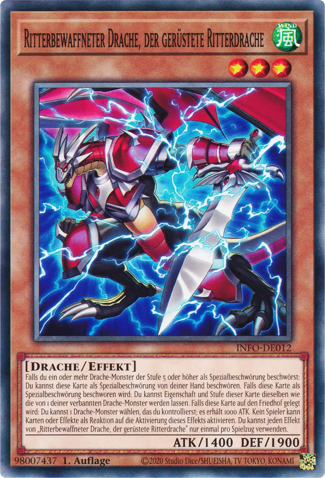 Ritterbewaffneter Drache, der gerüstete Ritterdrache Yu-Gi-Oh! Karte INFO-DE012 Common